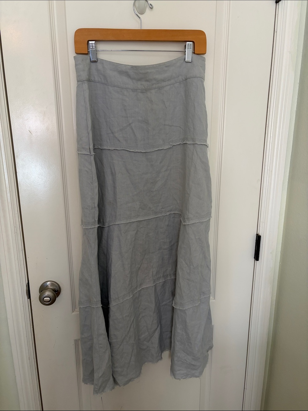 CAbi Light Gray Tiered Maxi Skirt-100% Linen with lace up back and  raw edges.